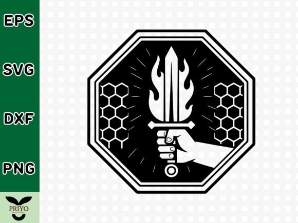 Flaming Sword Held by Hand in Octagonal